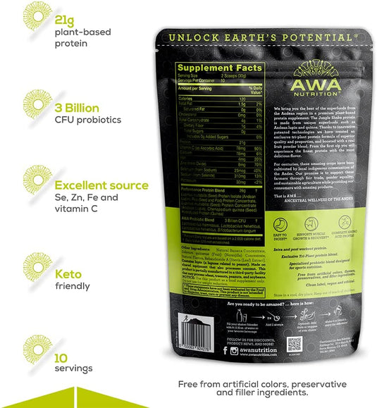 AWA Nutrition Premium Andean Plant-Based Protein Powder | Jungle Shake: Banana + Naranjilla | Gluten-Soy-Dairy Free | KETO & Vegan | Probiotics & Vitamins | Made with Ancestral Superfoods