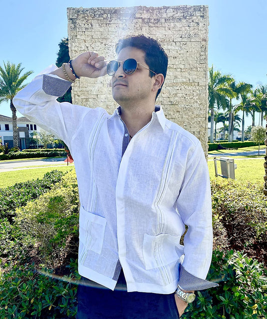 Guayabera Men's Long Sleeve 100% Linen,White Guayabera with Sky Blue and green fine Details