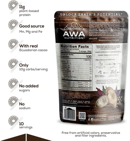 AWA Nutrition Superfood Protein Smoothie Powder Mix | Ecuadorian Cacao Natural Flavor | Gluten-Soy-Dairy Free | Vegan | Source of Minerals & Smart Carbs | Made with Ancestral Superfoods