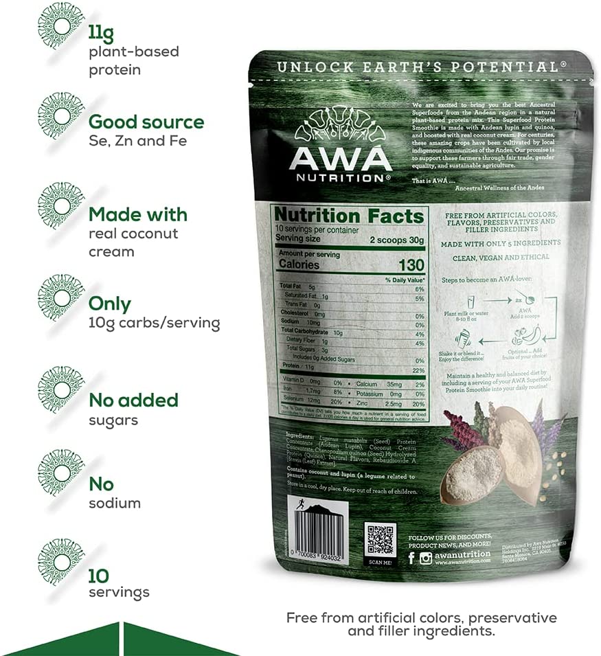 AWA Nutrition Superfood Protein Smoothie Powder Mix | Coconut Cream Natural  Flavor | Gluten-Soy-Dairy Free | Vegan | Source of Minerals & Smart Carbs