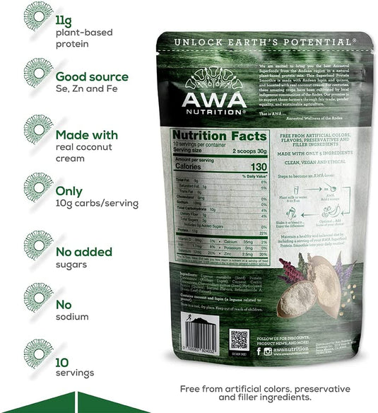 AWA Nutrition Superfood Protein Smoothie Powder Mix | Coconut Cream Natural Flavor | Gluten-Soy-Dairy Free | Vegan | Source of Minerals & Smart Carbs | Made with Ancestral Superfoods