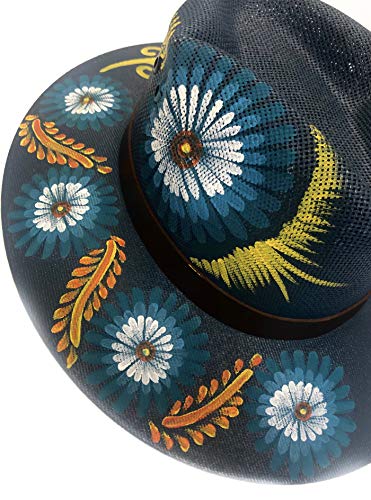 Handmade and Handpainted Chic Hats with real white palm -  One Size - Blue