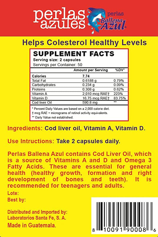 Ballena Azul Aceite de Hígado de Bacalao para Adultos y Niños, COD Liver Oil for Adults and Children, Good Source of Vitamins A,D,E, B1, Dietary Supplement, Omega 3, Inmune System Boost, (Capsules)