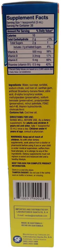 Ballena Azul Aceite de Hígado de Bacalao para Adultos y Niños, COD Liver Oil for Adults and Children, Good Source of Vitamins A,D,E, B1, Dietary Supplement, Omega 3,Inmune System Boost(STRAWBERRY BANANA)