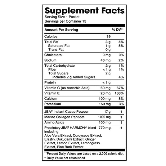 JBA Cacao with Collagen, ENCOURAGES A HAPPY MOOD, SUPPORTS A YOUTHFUL APPEARANCE, PROMOTES HEART & BRAIN HEALTH (Harmony Hot Cacao)