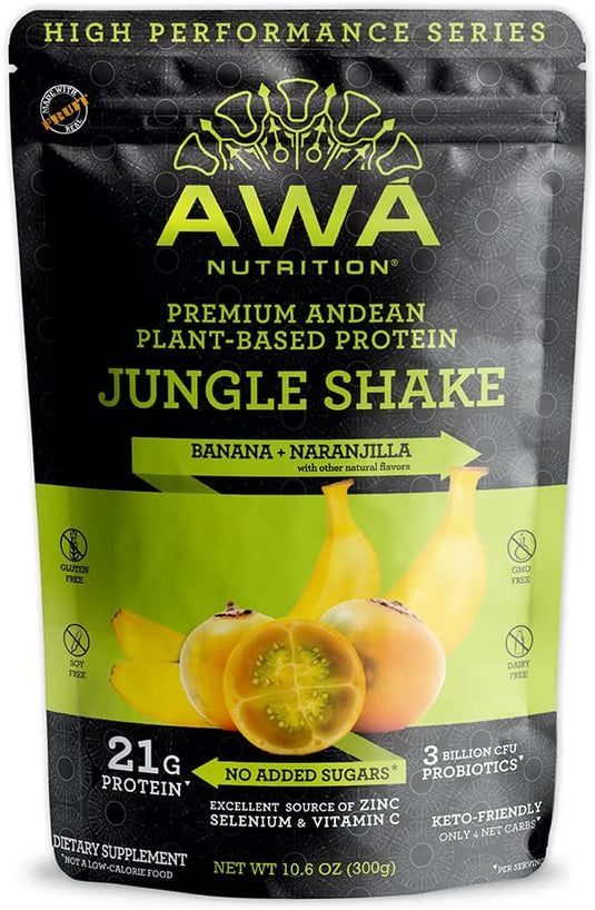 AWA Nutrition Premium Andean Plant-Based Protein Powder | Jungle Shake: Banana + Naranjilla | Gluten-Soy-Dairy Free | KETO & Vegan | Probiotics & Vitamins | Made with Ancestral Superfoods