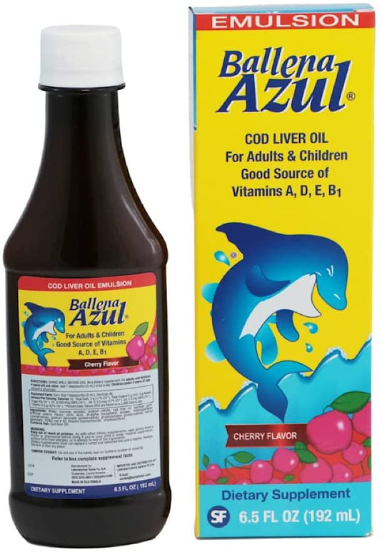 Ballena Azul Aceite de Hígado de Bacalao para Adultos y Niños, COD Liver Oil for Adults and Children, Good Source of Vitamins A,D,E, B1, Dietary Supplement, Omega 3, Inmune System Boost, (Cherry)