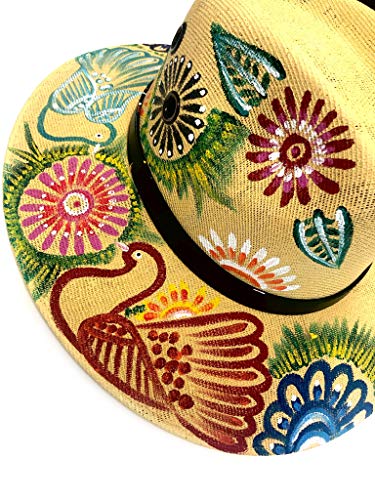 Handmade and Handpainted Chic Hats with real white palm -  One Size - Brown with Flowers