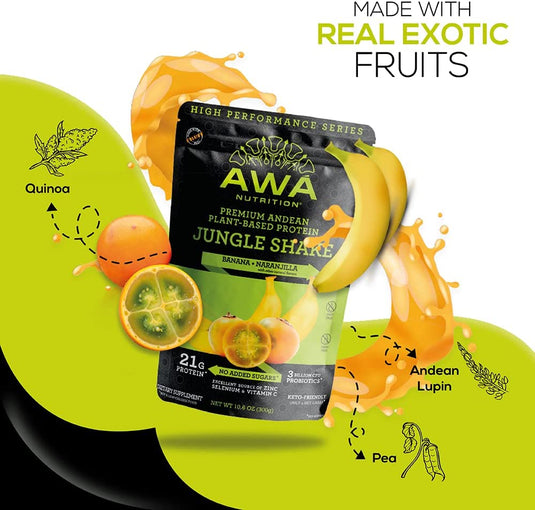 AWA Nutrition Premium Andean Plant-Based Protein Powder | Jungle Shake: Banana + Naranjilla | Gluten-Soy-Dairy Free | KETO & Vegan | Probiotics & Vitamins | Made with Ancestral Superfoods