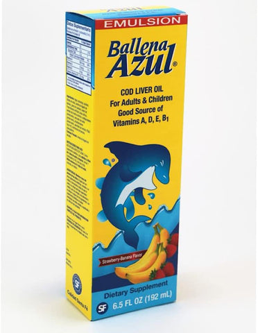 Ballena Azul Aceite de Hígado de Bacalao para Adultos y Niños, COD Liver Oil for Adults and Children, Good Source of Vitamins A,D,E, B1, Dietary Supplement, Omega 3,Inmune System Boost(STRAWBERRY BANANA)