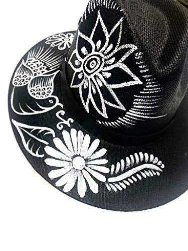 Handmade and Handpainted Chic Hats with real white palm -  One Size - Black and White