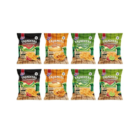 Super ricas flavored potato chips, plantain chips. Assorted styles. (Tajaditas plantain pack, 8 units)