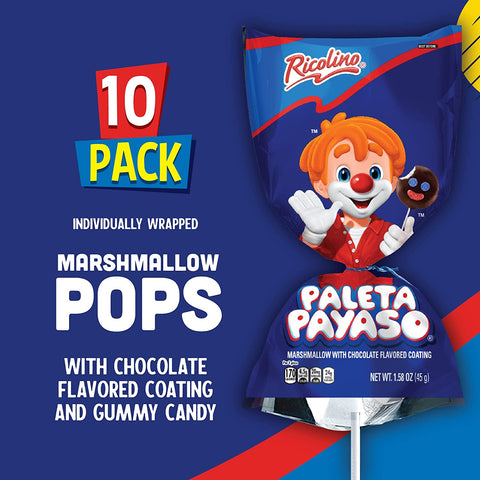 Ricolino Paleta Payaso Marshmallow Lollipops with Chocolate Flavored Coating, Net Wt. 15.8 Ounces, 10 Count Bag