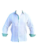 Guayabera Men's Long Sleeve 100% Linen,White Guayabera with Sky Blue and green fine Details