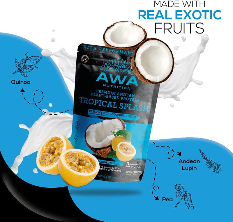 Load image into Gallery viewer, AWA Nutrition Premium Andean Plant-Based Protein Powder | Keto &amp; Vegan | Source of Minerals &amp; Smart Carbs | Made with Ancestral Superfoods (Tropical Splash: Passion Fruit + Coconut Cream, 300 Gram)
