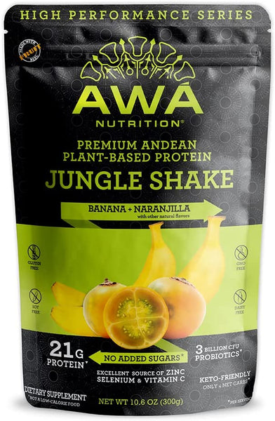 AWA Nutrition Premium Andean Plant-Based Protein Powder | Jungle Shake: Banana + Naranjilla | Gluten-Soy-Dairy Free | KETO & Vegan | Probiotics & Vitamins | Made with Ancestral Superfoods