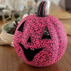 Hand painted Halloween Pumpkin made of clay pink, orange and white colors