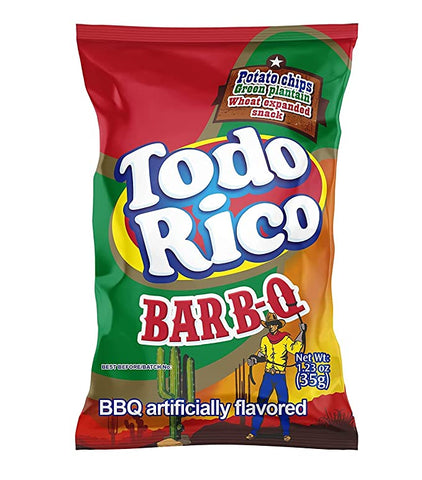 Super ricas flavored potatoe chips , plantain chips. Assorted styles. (Todo Rico BBQ, 25 units)