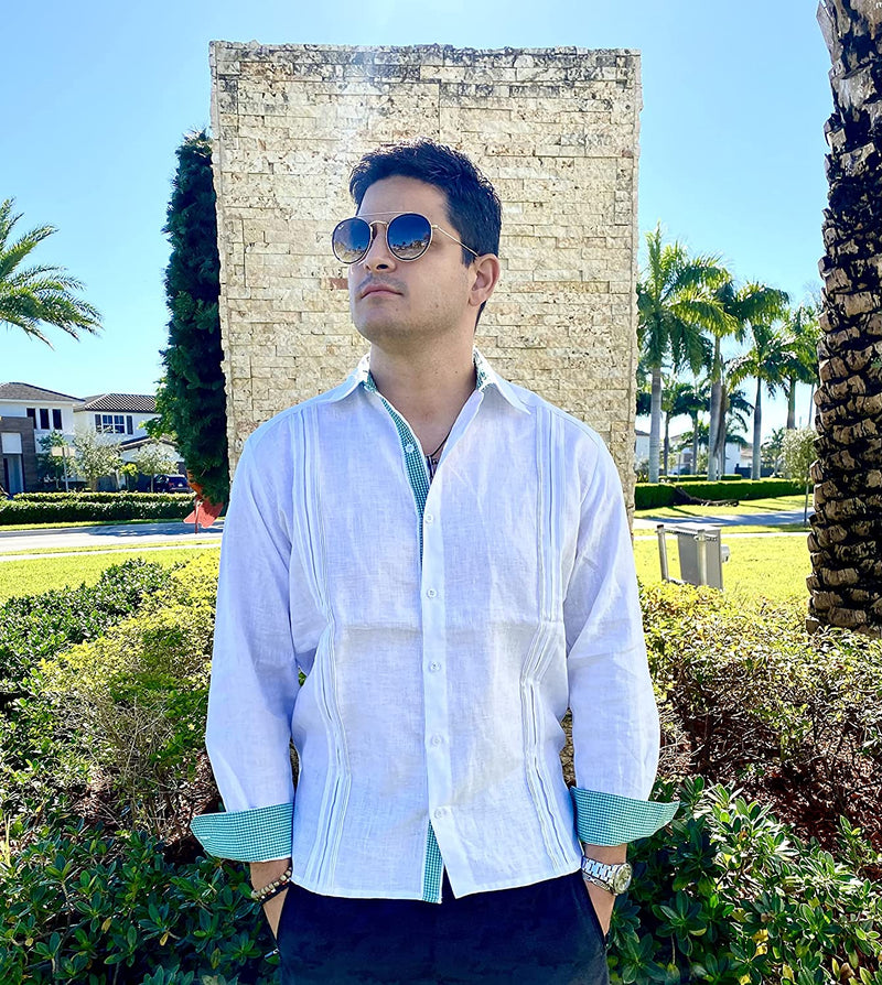 Load image into Gallery viewer, Guayabera Men&#39;s Long Sleeve 100% Linen,White Guayabera with Sky Blue and green fine Details
