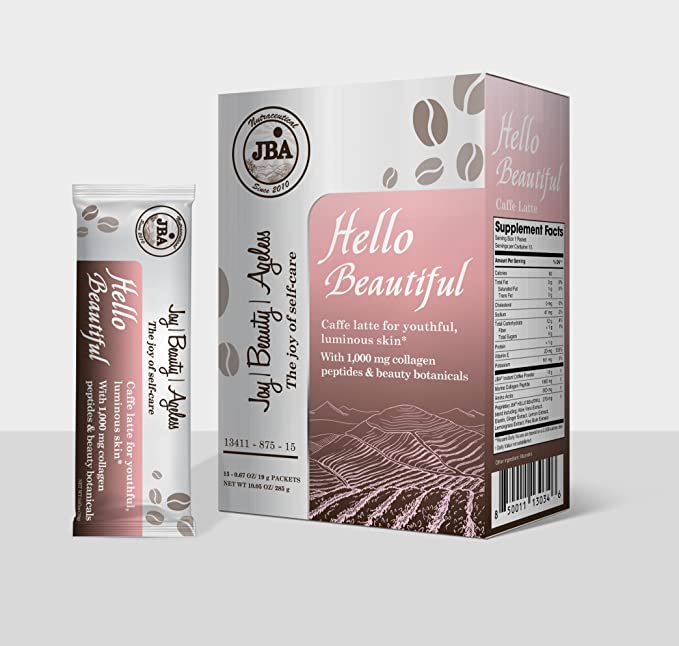 Load image into Gallery viewer, JBA Caffe Latte with Collagen , for luminous skin with 1,000 mg Collagen Peptides &amp; Beauty Botanicals, Improves skin hydration and elasticity, Reduces the appearance of wrinkles (Hello Beautiful Caffe Latte)
