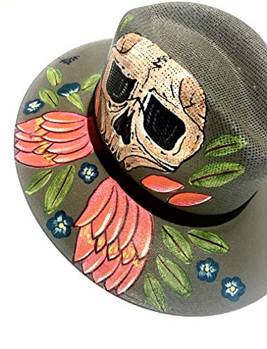 Handmade and Handpainted Chic Hats with real white palm -  One Size - Skull