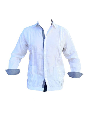 Guayabera Men's Long Sleeve 100% Linen,White Guayabera with Sky Blue and green fine Details